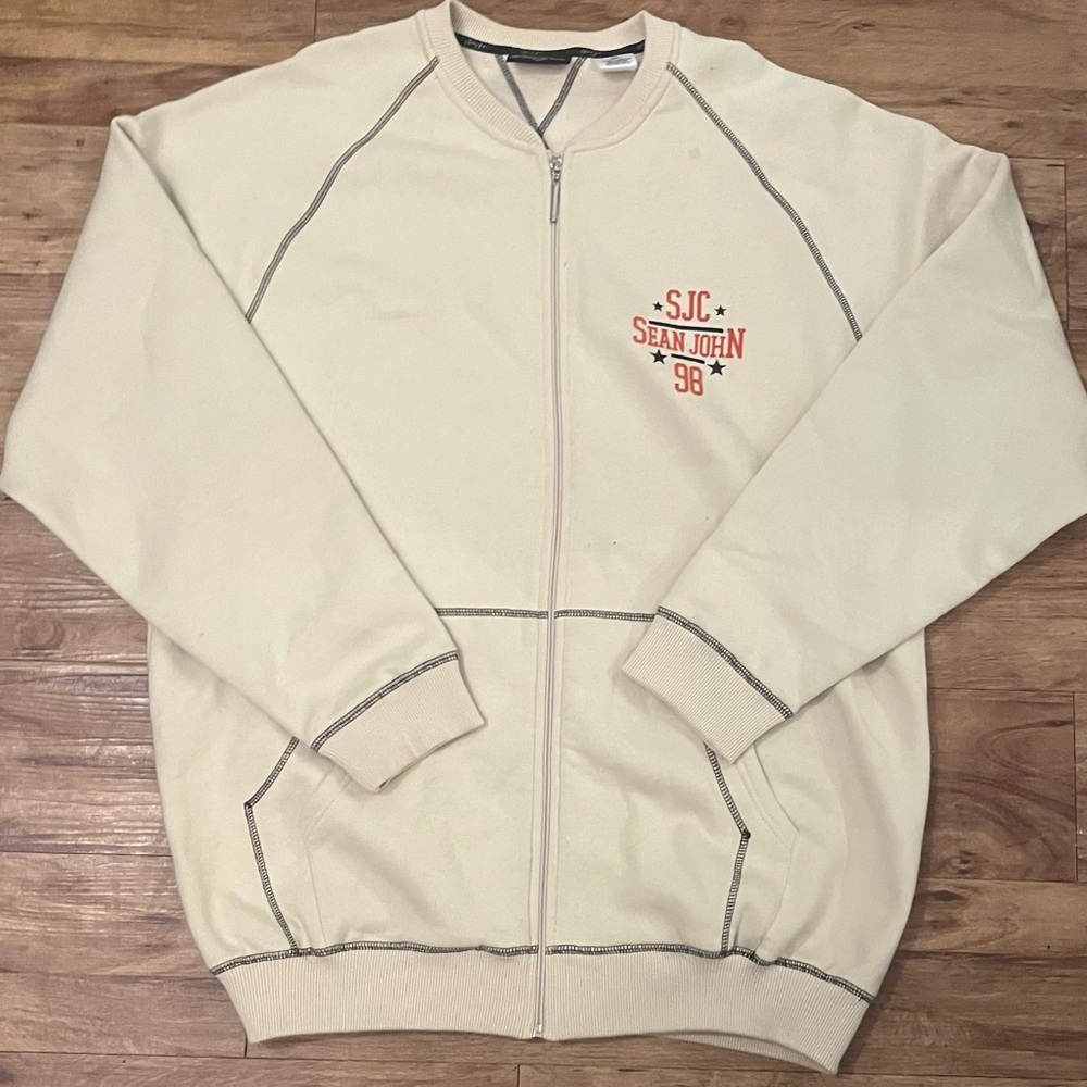 VINTAGE Y2K Sean John Men's Cream Full‑Zip Bomber Sweatshirt